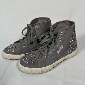 Superga Gray Suede Leather With Silver Studs, Grunge  Black Smudged Sole